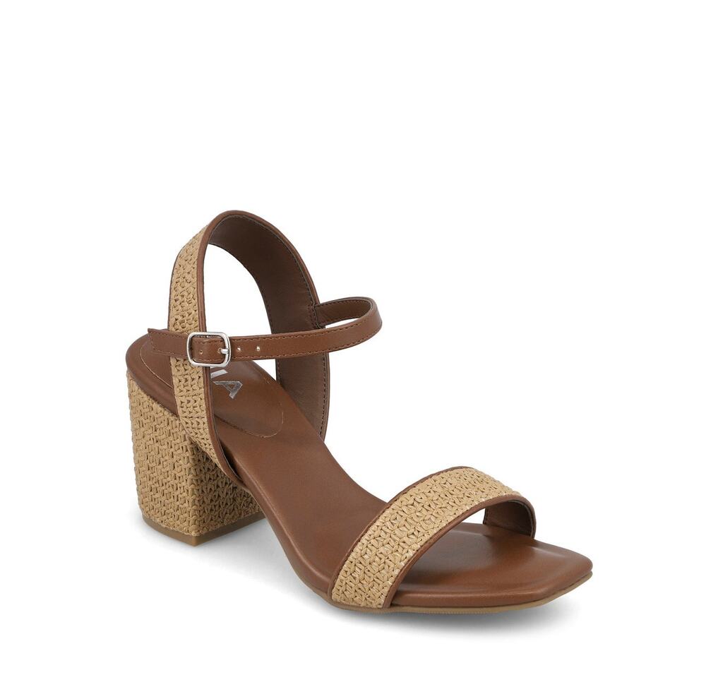 MIA Brown Woven Block Heel Sandals Tan Straw Strap Ankle Strap Size 7.5 Chic